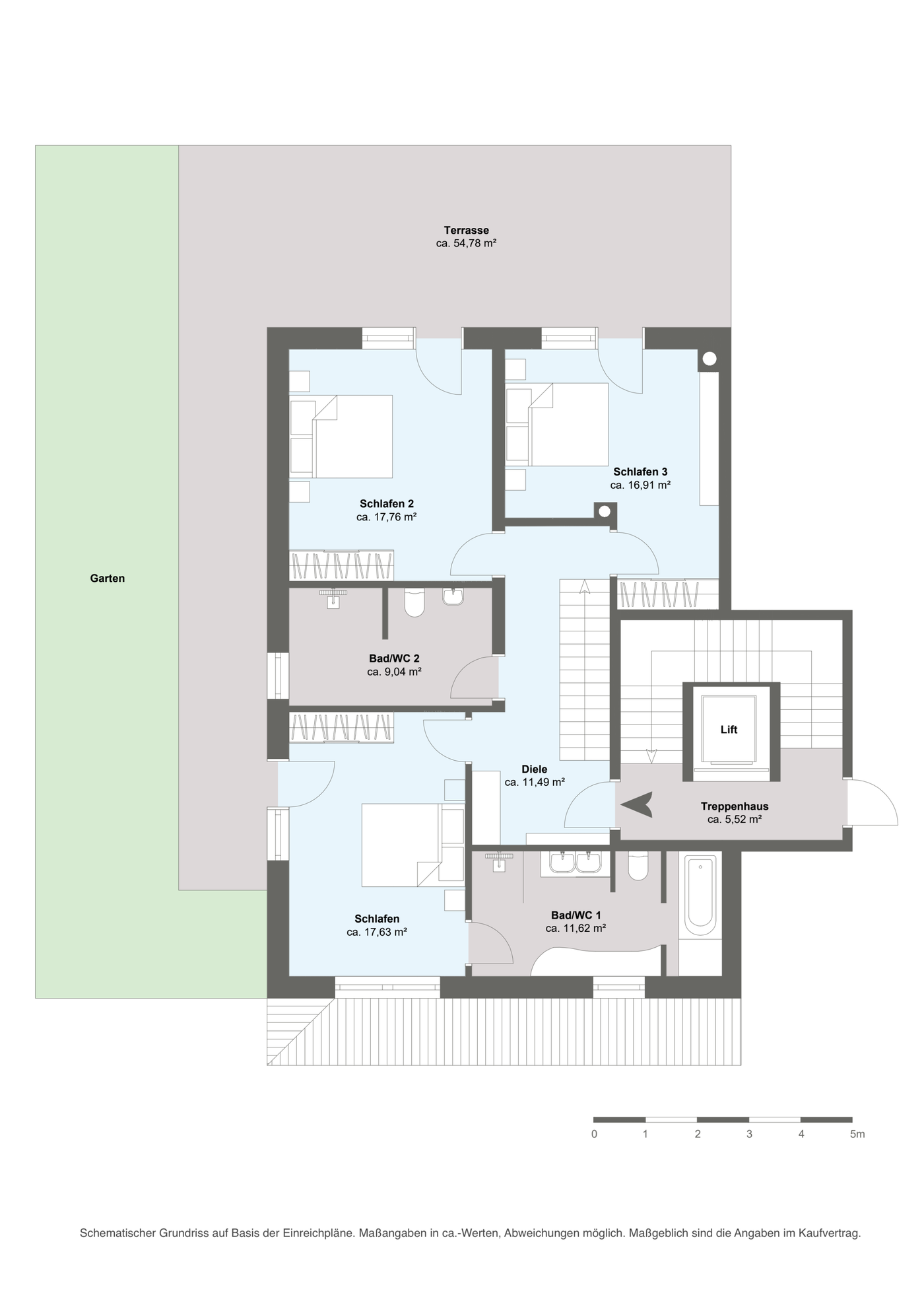 Grundriss 1. Obergeschoss: drei Schlafzimmer, zwei Bäder, Terrasse und Garten